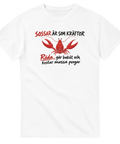 Satirisk illustration av röd kräfta med politisk text – vit t-shirt