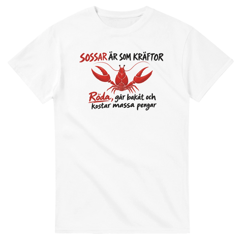 Satirisk illustration av röd kräfta med politisk text – vit t-shirt