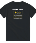 Satirisk recension med en stjärna och texten Slicka fitta på en svart t-shirt