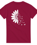 Vinröd t-shirt med grafiskt motiv av en halv blomma och flygande fjärilar