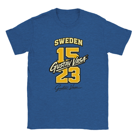 Sportig retro-design med Gustav Vasa och 1523 på blå melerad t-shirt