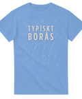 Ljusblå t-shirt med vitt tryck föreställande klassiskt Borås-väder och text