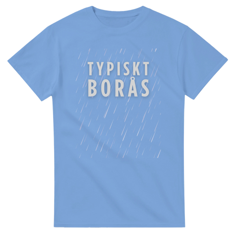 Ljusblå t-shirt med vitt tryck föreställande klassiskt Borås-väder och text