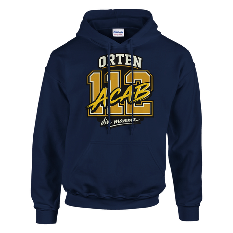 Orten 112 ACAB Din mamma-tryck i gult och vitt på marinblå hoodie med luva och ficka.