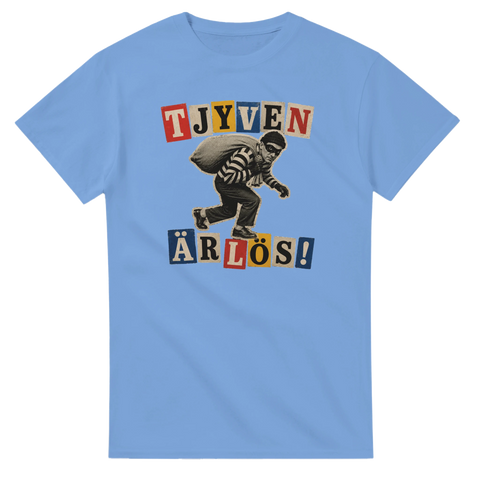 Grafisk design med deckartema och texten Tjyven är lös – unik t-shirt