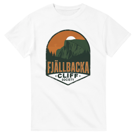 Retro badge-design med klippformation och solnedgång – grafisk t-shirt