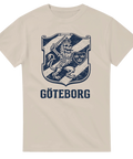 Rått och detaljrikt lejon-tryck med texten Göteborg på sandfärgad t-shirt