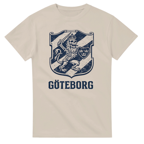 Rått och detaljrikt lejon-tryck med texten Göteborg på sandfärgad t-shirt