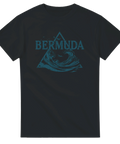 Mörkt marint tryck med Bermuda-tema och flygplanssilhuett på svart t-shirt