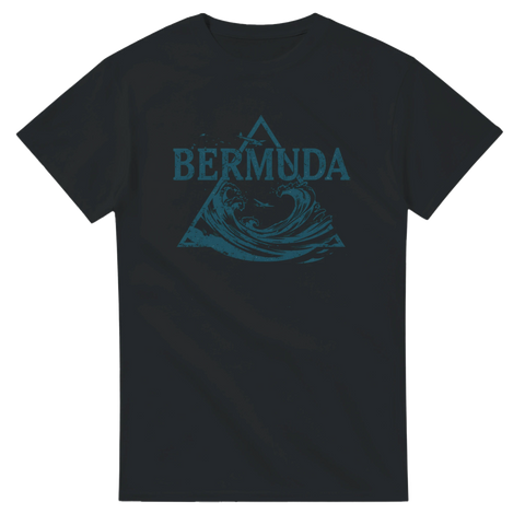 Mörkt marint tryck med Bermuda-tema och flygplanssilhuett på svart t-shirt