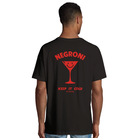 Svart oversized t-shirt med stort rött ryggtryck för drinkentusiaster