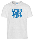 Grafisk textdesign Liten men tuff i blått på gråmelerad t-shirt