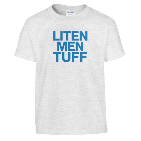Grafisk textdesign Liten men tuff i blått på gråmelerad t-shirt