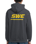 Grafiskt ryggtryck med svensk text på en mörkgrå hoodie