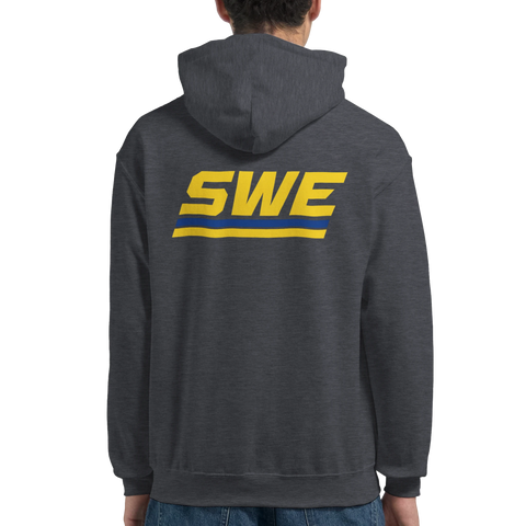 Grafiskt ryggtryck med svensk text på en mörkgrå hoodie