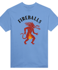 Röd eldsprutande djävul med texten "FIREBALLS" på ljusblå t-shirt.