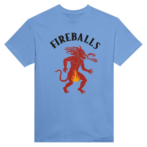 Röd eldsprutande djävul med texten "FIREBALLS" på ljusblå t-shirt.