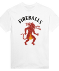 Röd eldsprutande demon med text "FIREBALLS" på vit t-shirt.