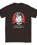 Illustrerat porträtt av Ed Sheeran i stencil-stil på en mörkbrun t-shirt