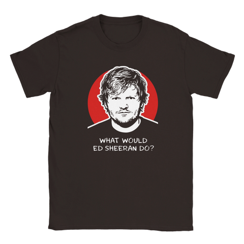 Illustrerat porträtt av Ed Sheeran i stencil-stil på en mörkbrun t-shirt