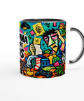Mugg med texten Omfamna ditt inre kaos och färgglada illustrationer.