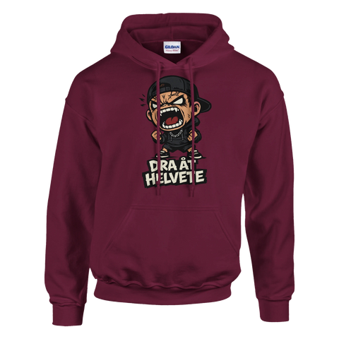 Vinröd hoodie med grafiskt motiv av en skrikande karaktär i streetwear