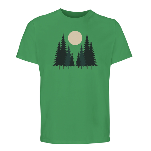 T-shirt i grön nyans med stilren skogsillustration och rund måne