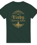 Guldtryck med Visby ringmur och medeltida ornamentik på en mörkgrön t-shirt