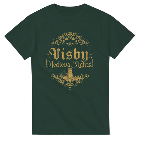 Guldtryck med Visby ringmur och medeltida ornamentik på en mörkgrön t-shirt