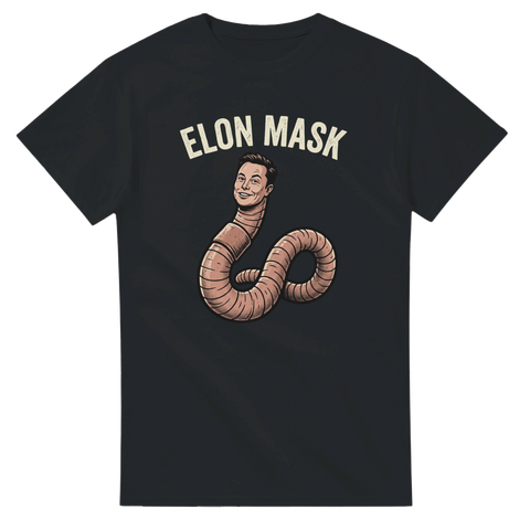 Satirisk illustration av en daggmask med Elon Musks ansikte – grafisk t-shirt