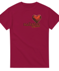 Motiv av ett rött hjärta och text med vänstersympatier på vinröd t-shirt
