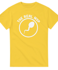Grafiskt tryck föreställande en vinnande spermie på en gul t-shirt med humor