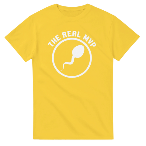 Grafiskt tryck föreställande en vinnande spermie på en gul t-shirt med humor