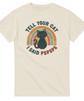 Beige t-shirt med retroinspirerad design för kattälskare med självdistans