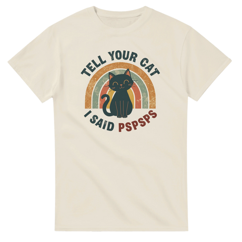 Beige t-shirt med retroinspirerad design för kattälskare med självdistans