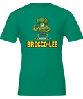 Muskulös broccolifigur med text "BROCCO-LEE" på grön t-shirt.