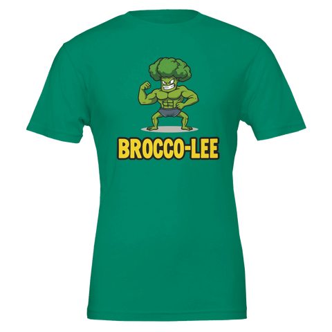 Muskulös broccolifigur med text "BROCCO-LEE" på grön t-shirt.
