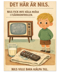 Nils poster med tecknad pojke, mjölk, fjärrkontroll, retrostil.