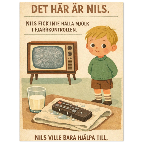 Nils poster med tecknad pojke, mjölk, fjärrkontroll, retrostil.