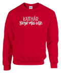Röd sweatshirt med texten ”Katthår – bryr mig inte”.