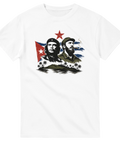 Ikoniskt porträtt av Fidel Castro och Che Guevara på vit t-shirt