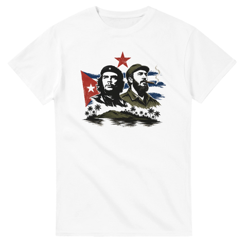Ikoniskt porträtt av Fidel Castro och Che Guevara på vit t-shirt