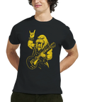 Svart t-shirt med motiv av en arg valross som spelar elgitarr och gör hårdrockstecknet, perfekt för rockfans och musikälskare med humor.