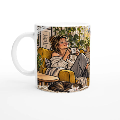 Illustration av kvinna i fåtölj med kaffe och katt – grafisk mugg