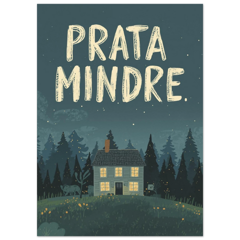 Illustration av en enslig stuga i en mörk granskog med texten Prata mindre