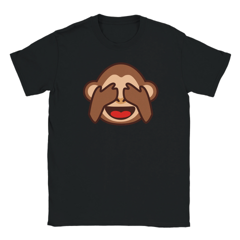Apan som håller för ögonen emoji, "Hehe, oj" motiv på svart t-shirt.