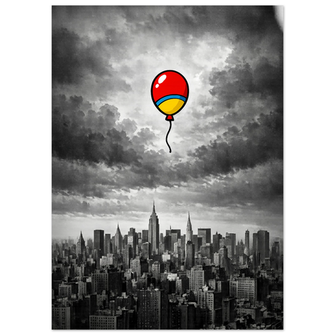 Svartvit fotokonst av New Yorks skyskrapor med en kontrasterande färgglad ballong som stiger upp mot atmosfären.