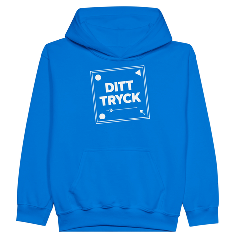 Blue youth fleece hoodie with the text “Ditt tryck”