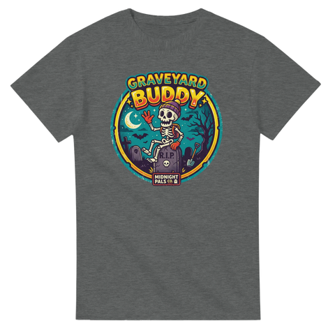 Mörkt humoristisk grafik av ett skelett på en kyrkogård – alternativ t-shirt