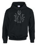 Minimalistisk vit linjeteckning av ett monster på svart hoodie